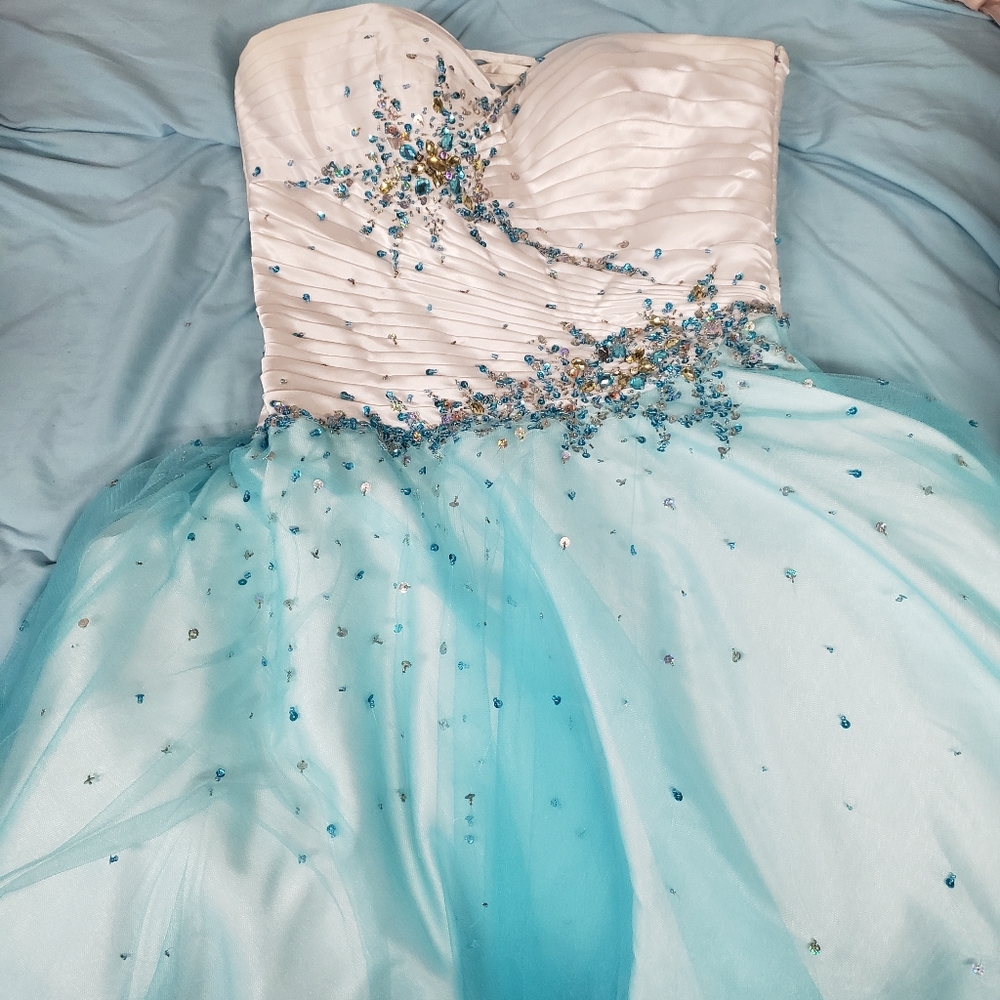 Formal Aqua and White Sequin and Tulle Dress
